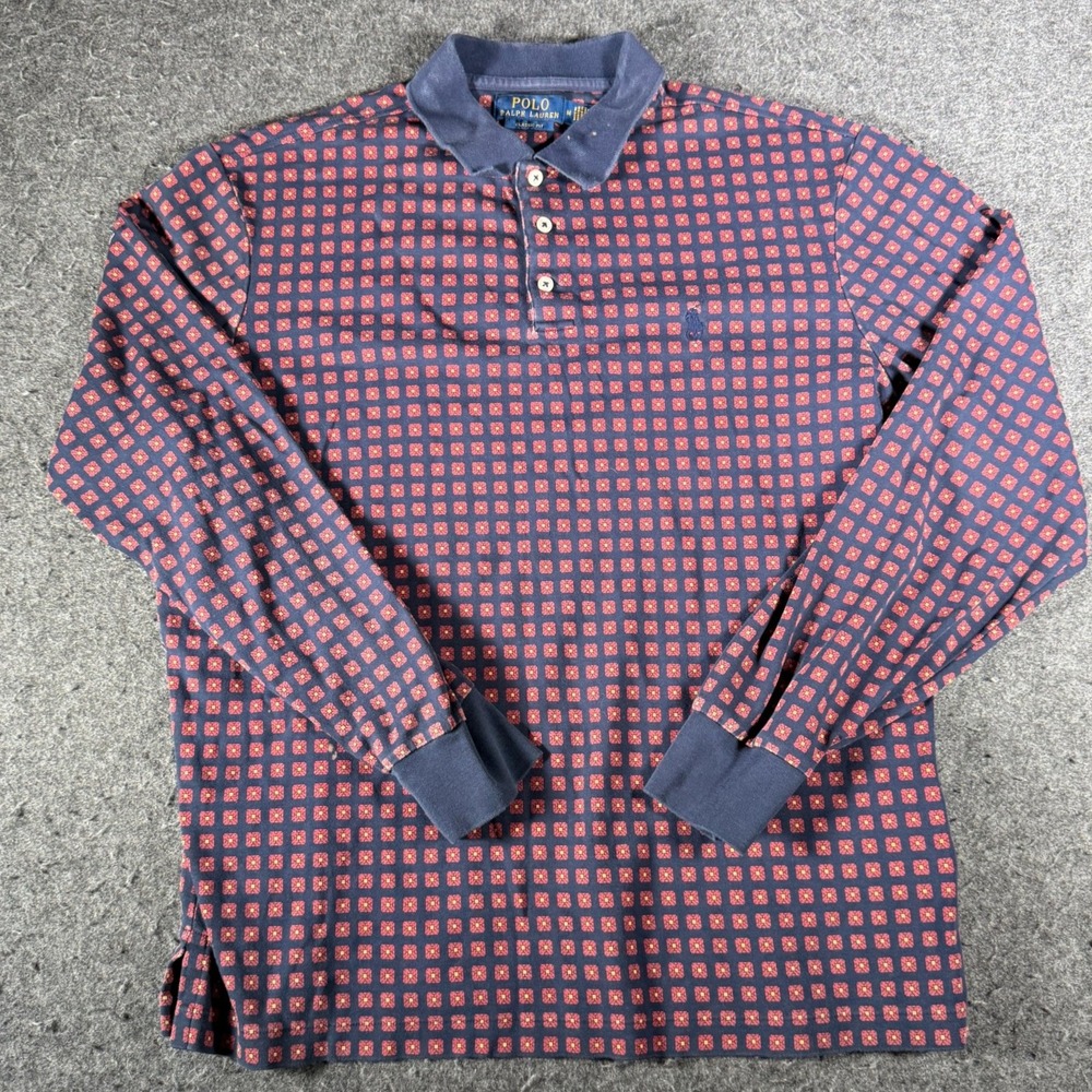 Polo Ralph Lauren Mens Classic Fit Long Sleeve Polo Medallion Print Navy Blue M